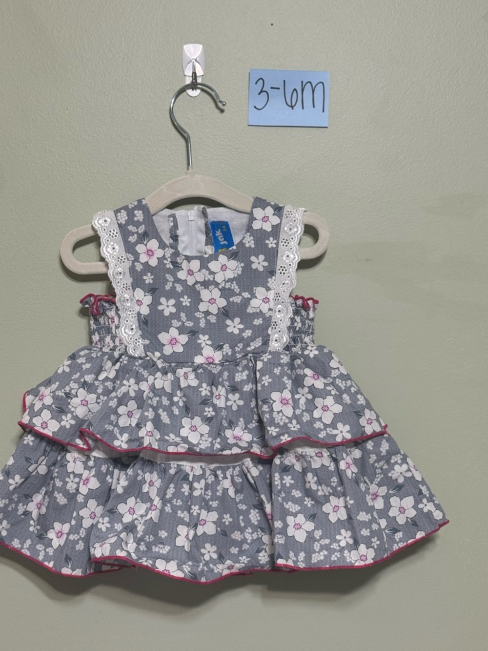 NWOT Infant Gray Floral Infant Ruffle Dress with Pink Flower Accents, 3-6 Months